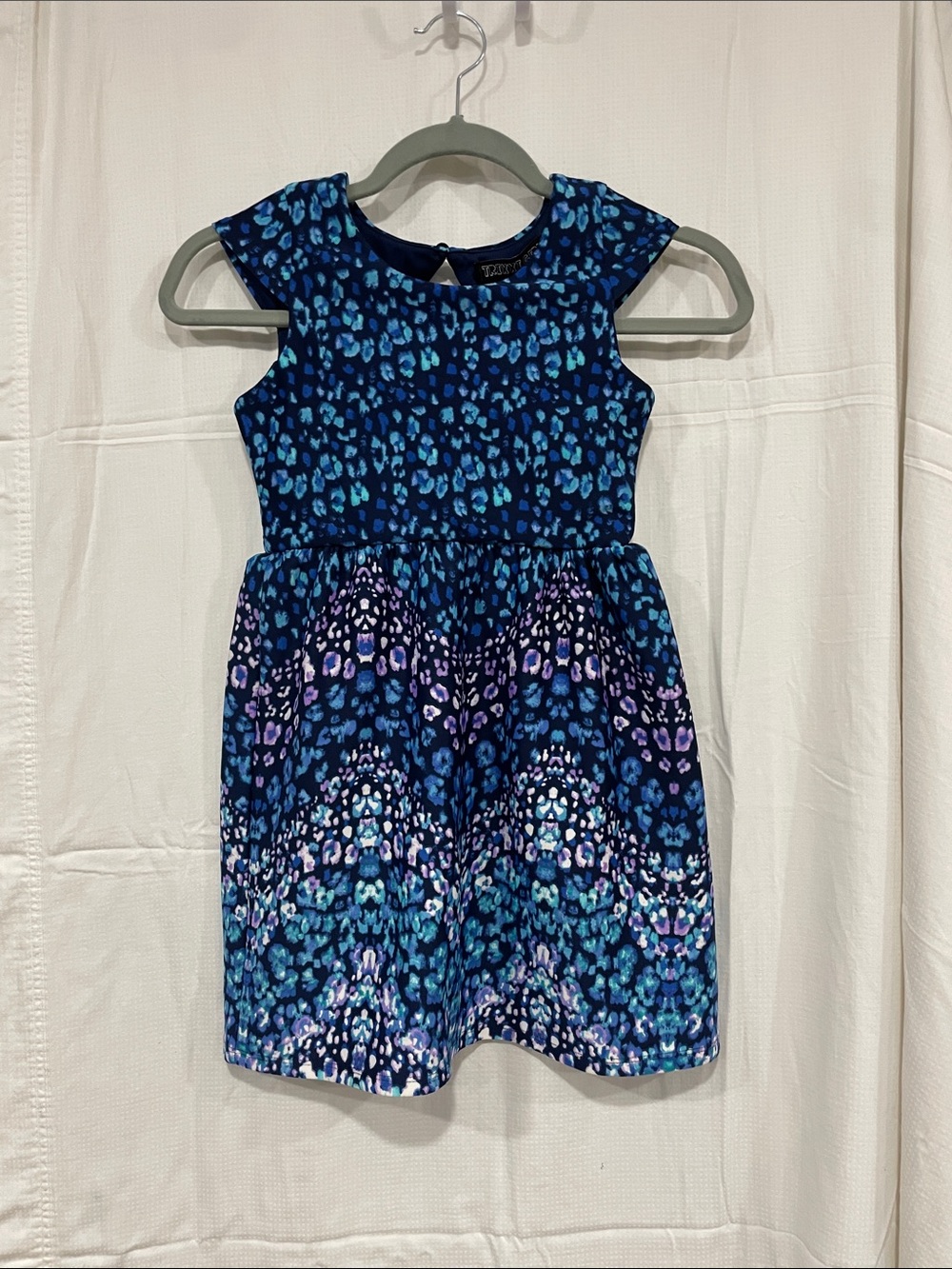 Girls' Navy Blue Patterned Cap-Sleeve Casual Dress